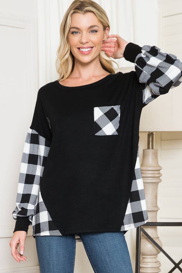 Plaid Contrast Bell Sleeve Sweater Knit-2 Colors
