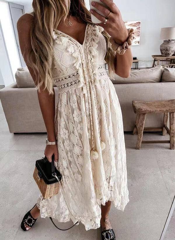 Boho Ecru Crochet Lace swing flare dress