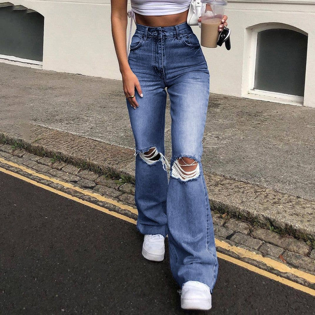 Western basic high rise flare ripped jeans