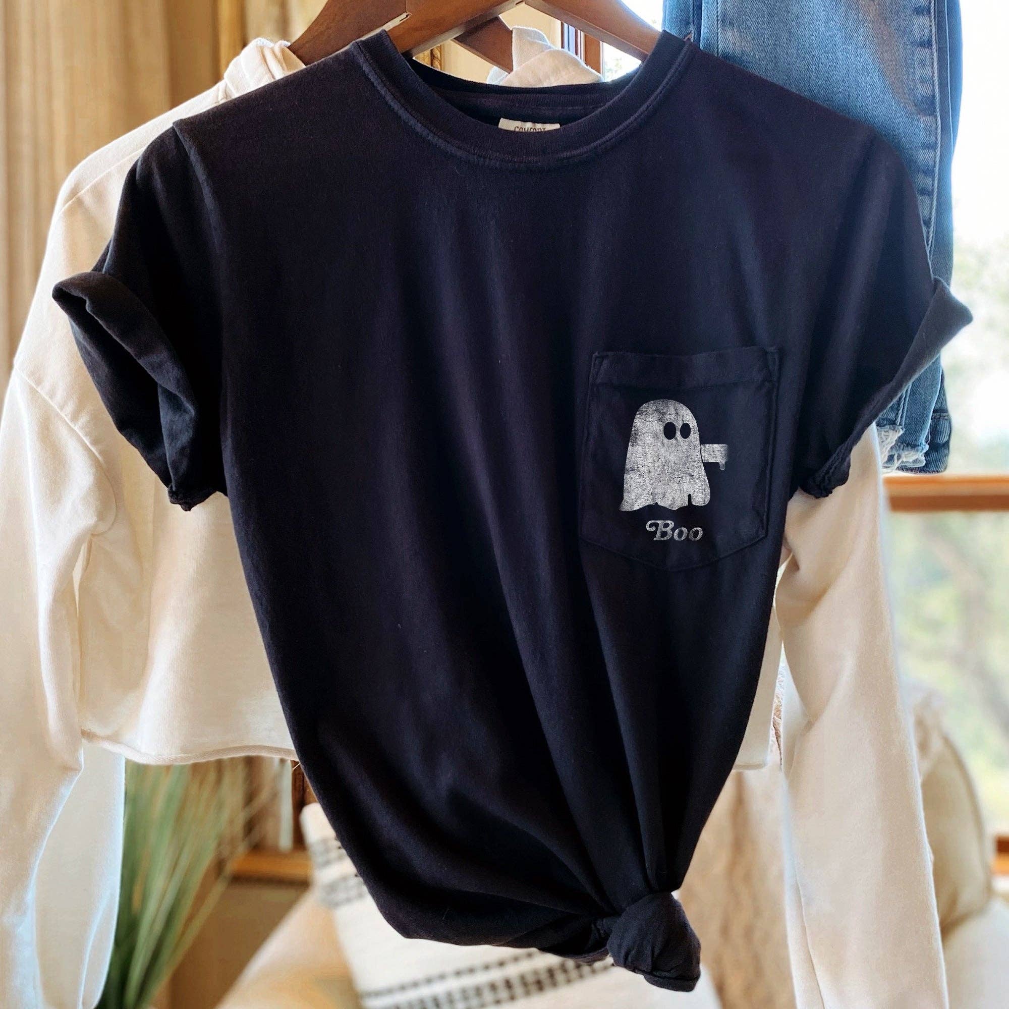 Ghost Boo Thumb Halloween Pocket T-shirt White Print