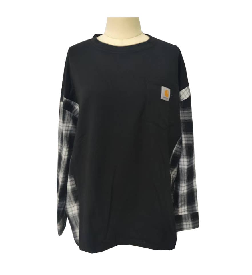Black plaid sleeves patchwork oversized crewneck pullover