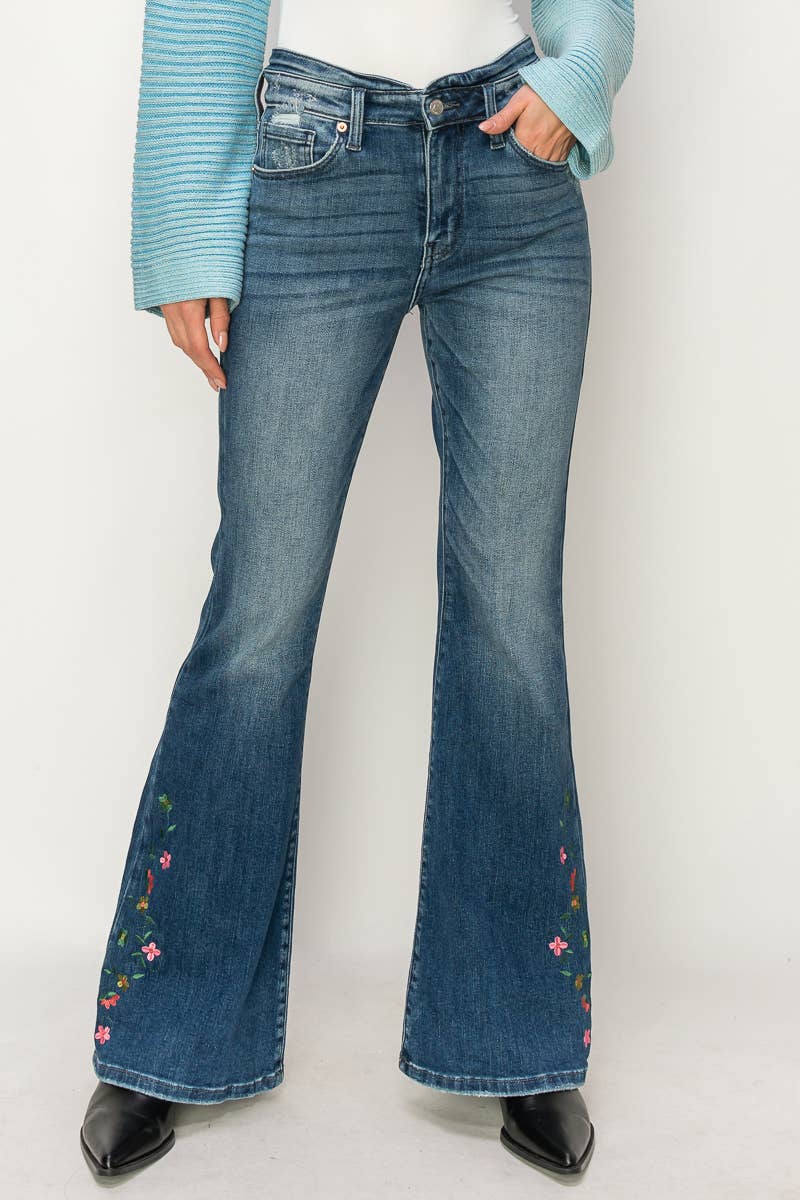 HIGH RISE EMBROIDERY BOTTOM FLARE JEANS