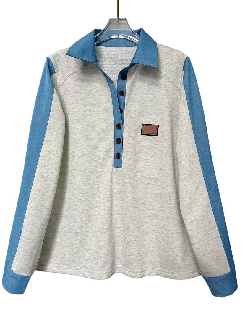 Western Denim Patchwork Shirt Half Button sweatshirt