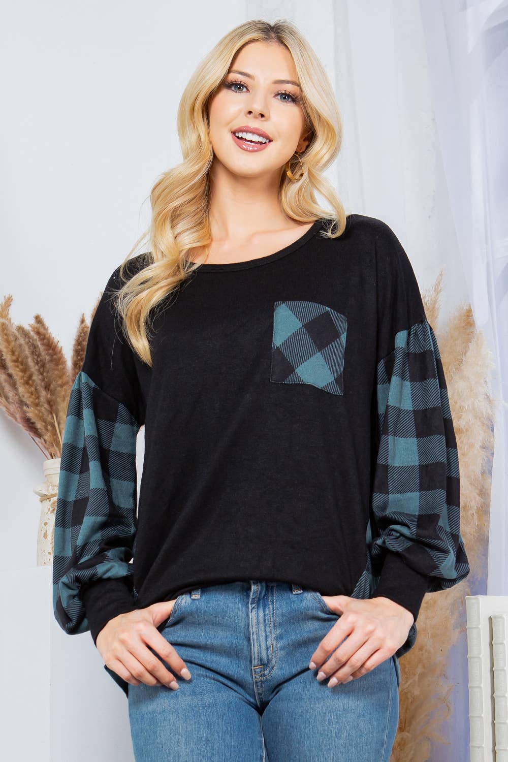 Plaid Contrast Bell Sleeve Sweater Knit-2 Colors