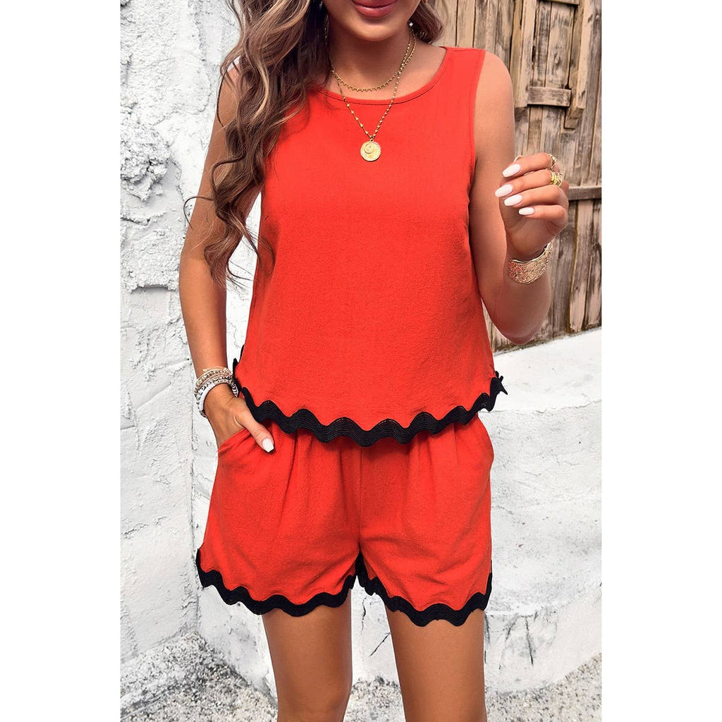 Two Pieces Printed Sleeveless Pockets Shorts Sets