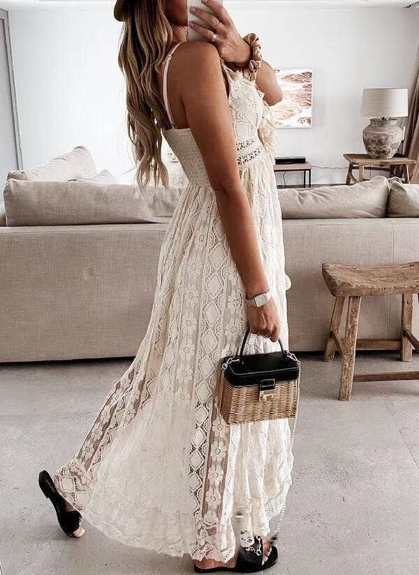 Boho Ecru Crochet Lace swing flare dress