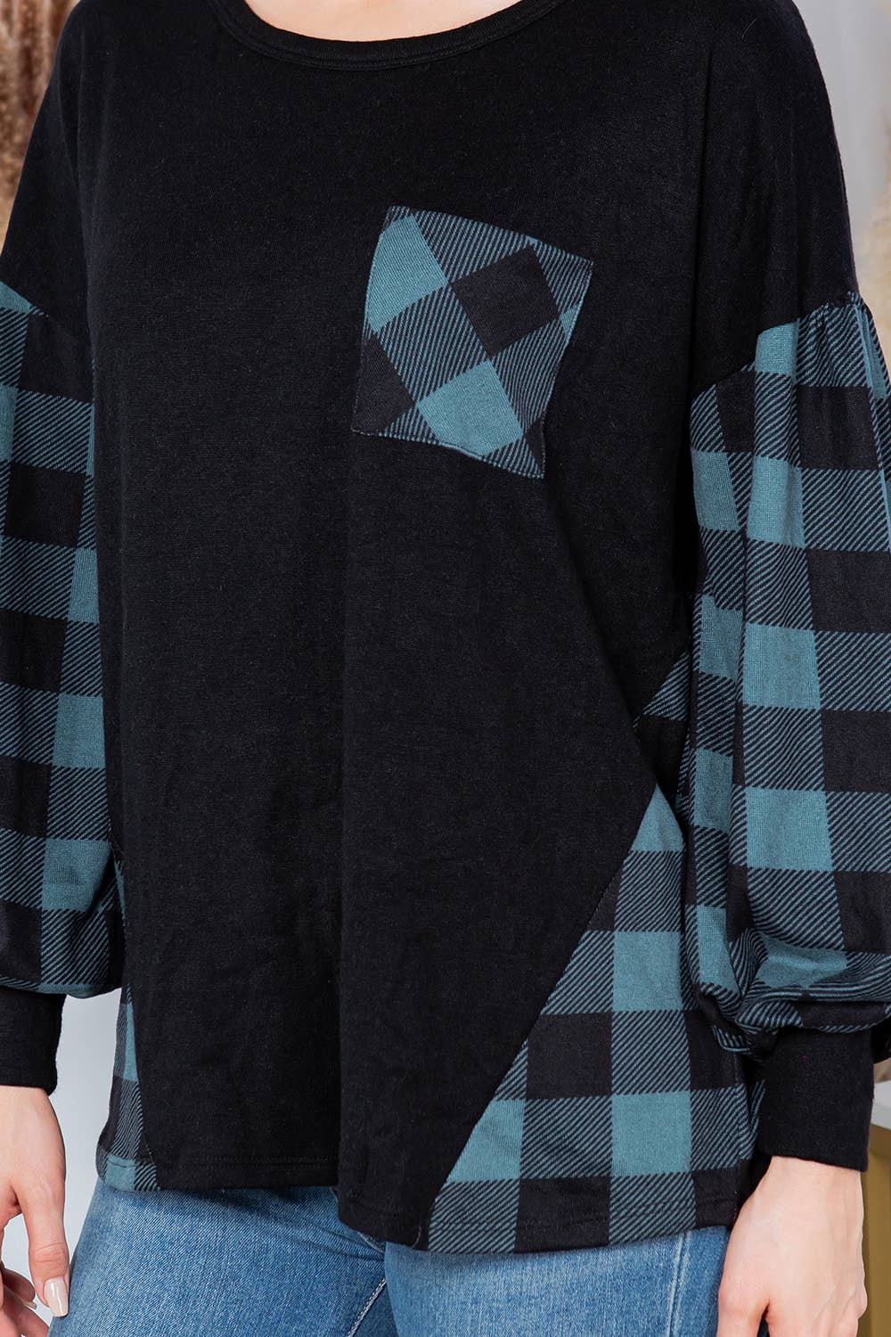 Plaid Contrast Bell Sleeve Sweater Knit-2 Colors