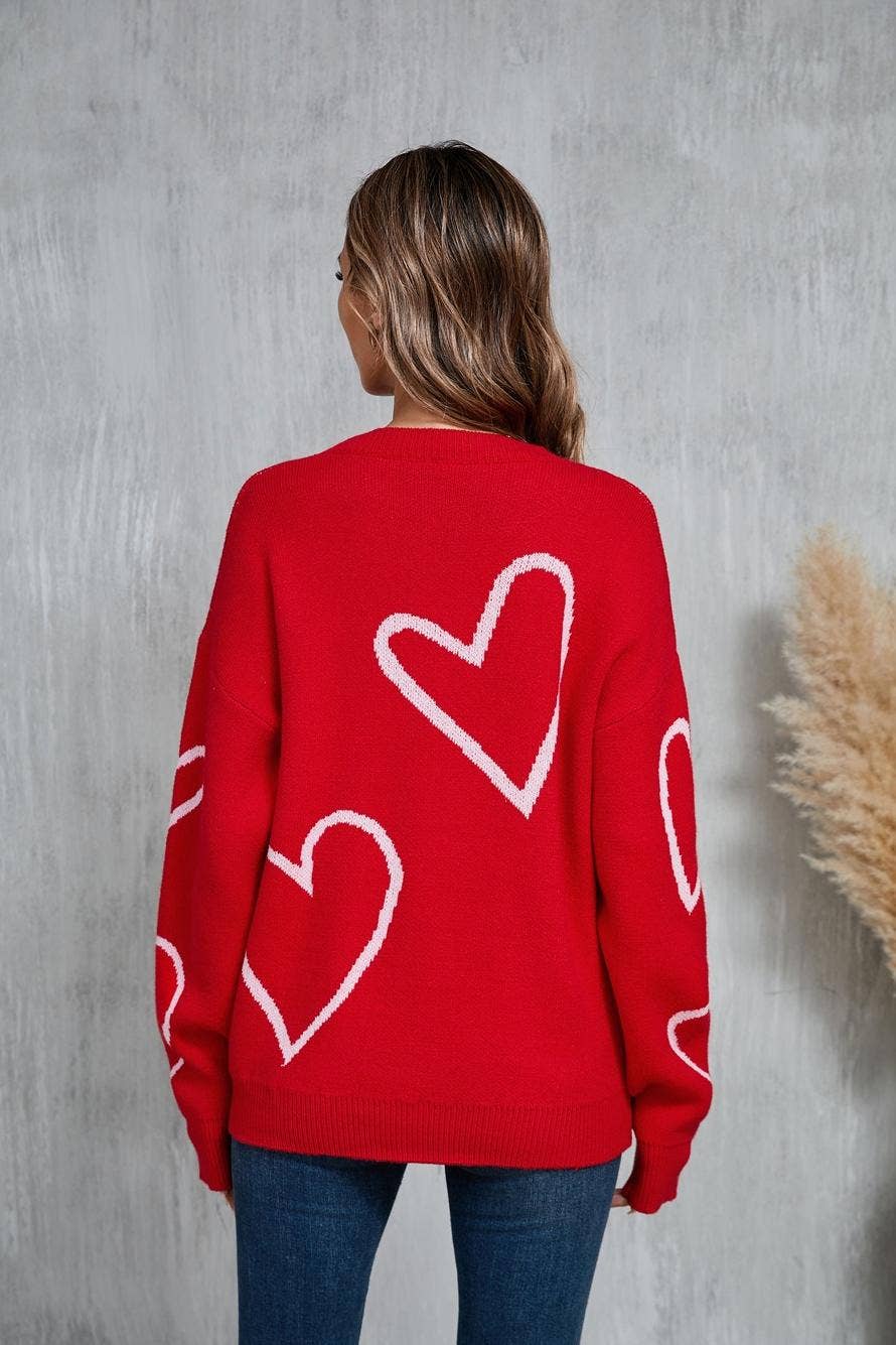 Heart Print Pullover Sweater - Valentine’s Day Knit Top