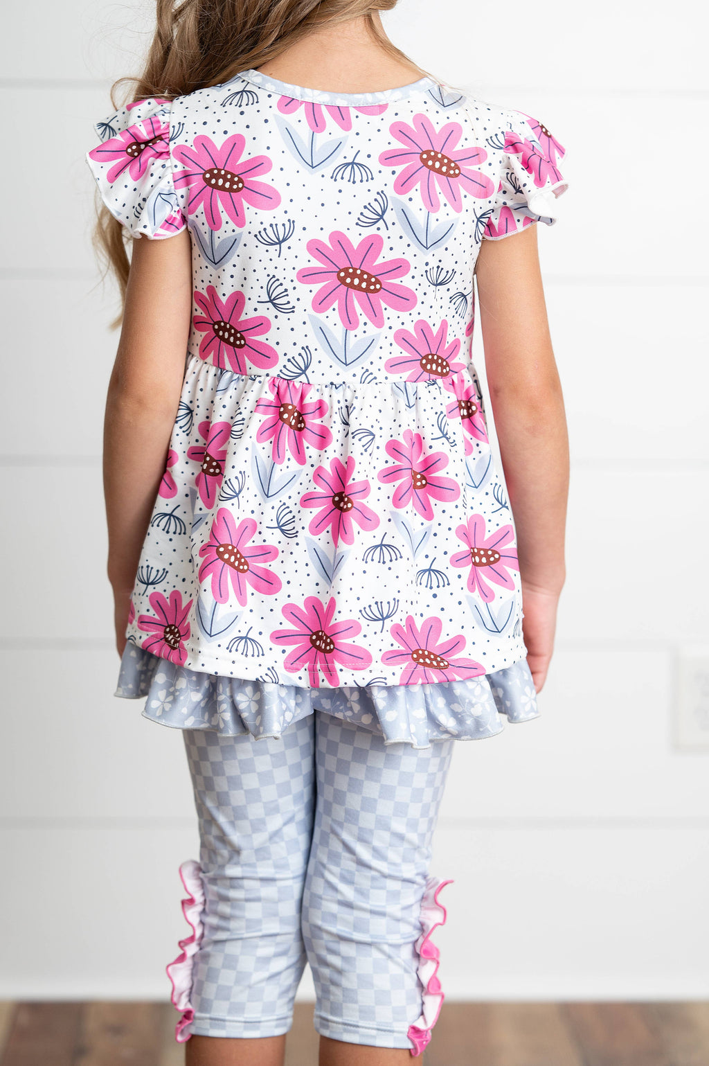 Girls Magenta Flower & Gray Check Pocket Capri Spring Set