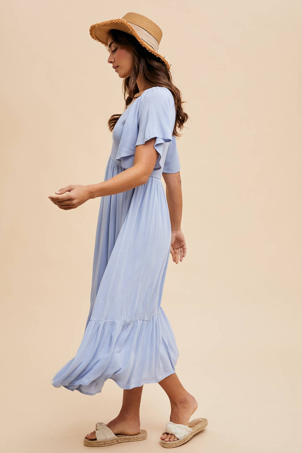 SMOCKED MIDI FLUTTER SLEEVE DRESS