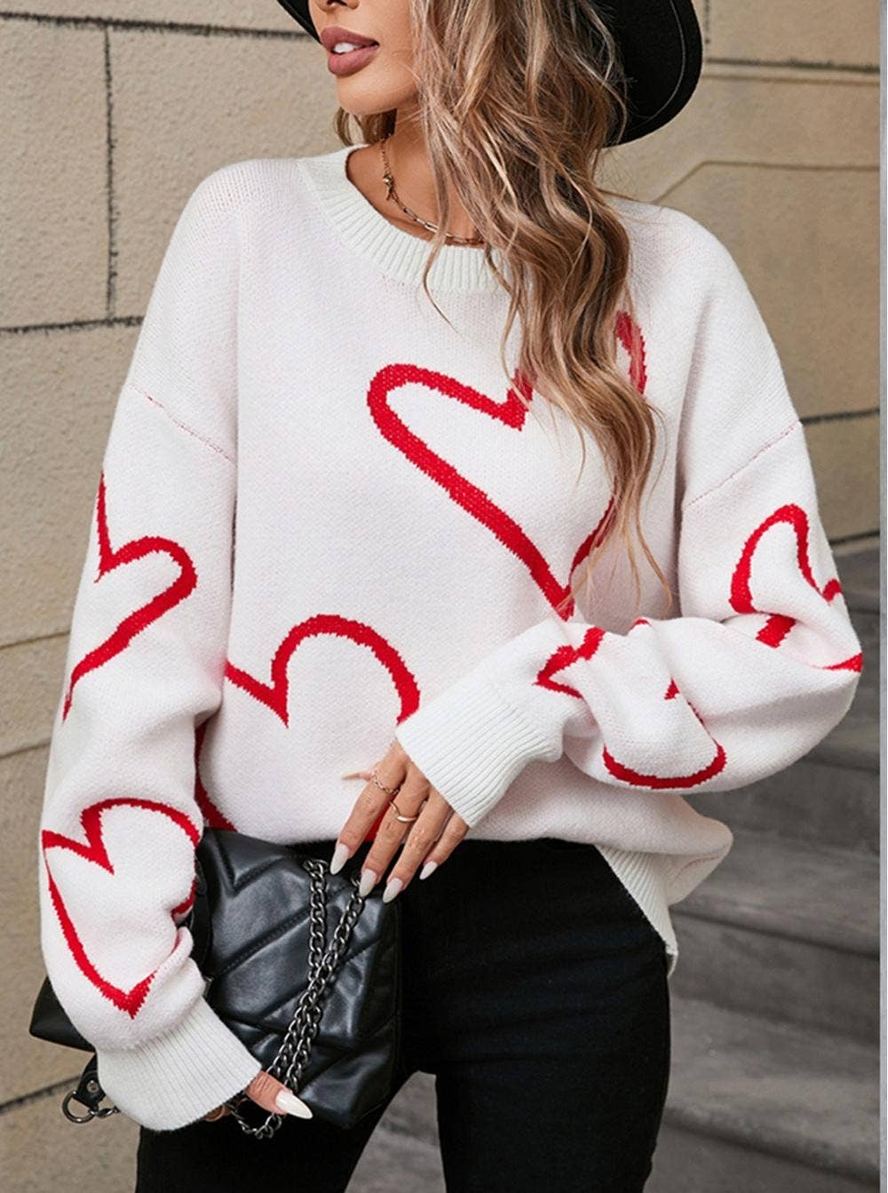 Heart Print Pullover Sweater - Valentine’s Day Knit Top