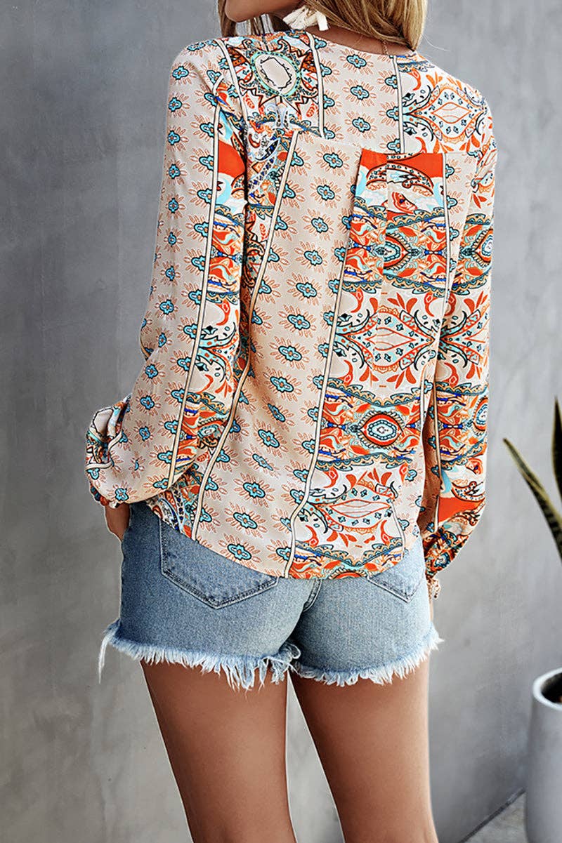V Neck Graphic Pattern Notched Neck Blouse