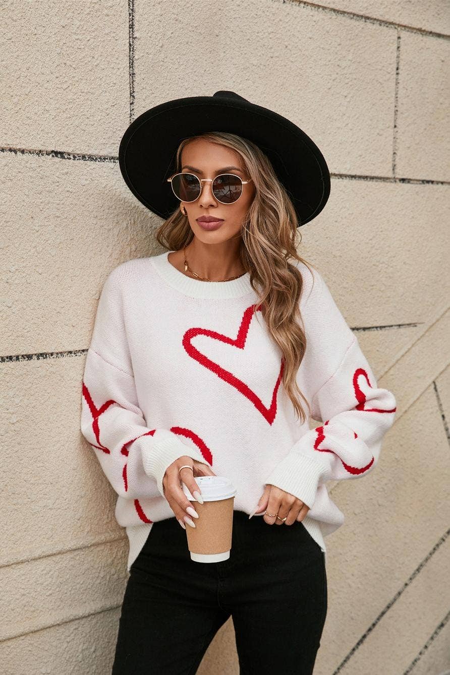 Heart Print Pullover Sweater - Valentine’s Day Knit Top