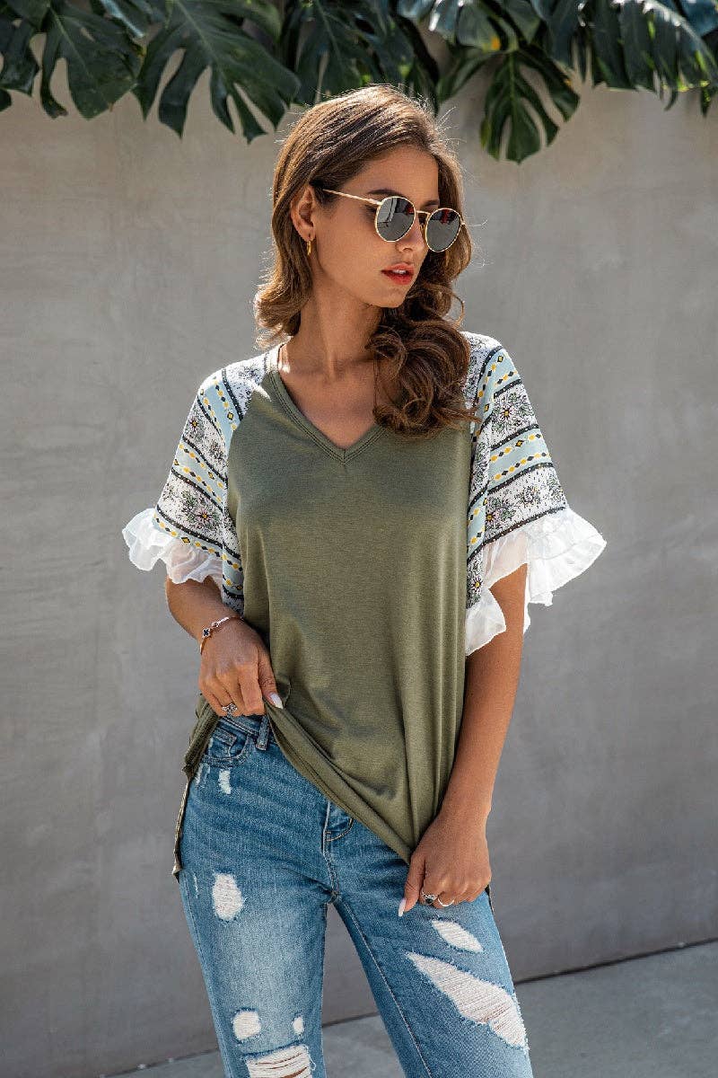 Splicing Print V Neck Ruffle Elegant Top