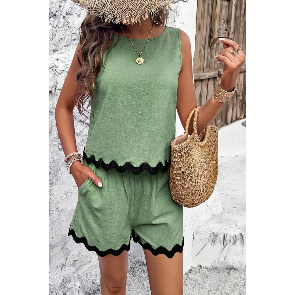 Two Pieces Printed Sleeveless Pockets Shorts Sets