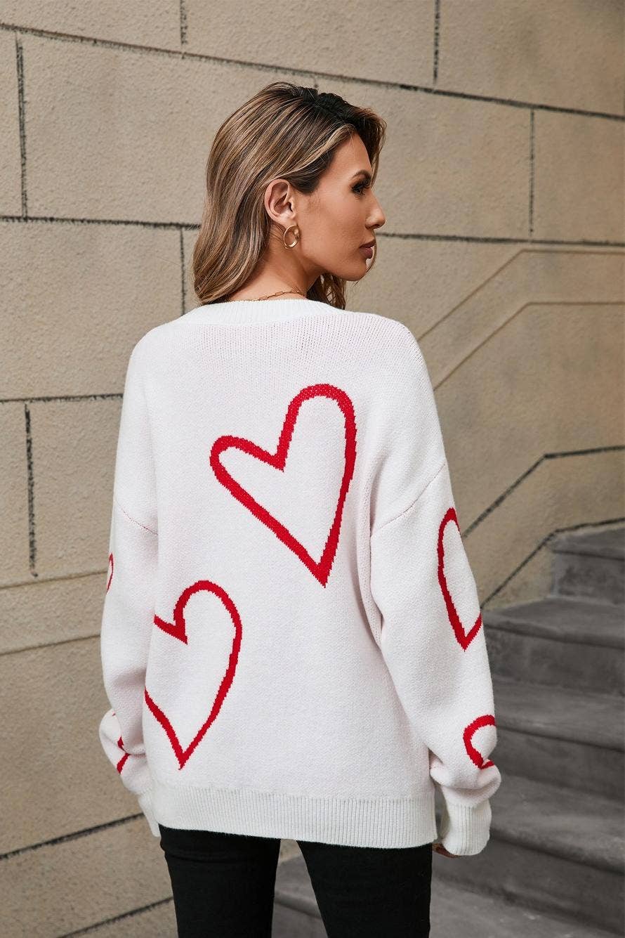 Heart Print Pullover Sweater - Valentine’s Day Knit Top