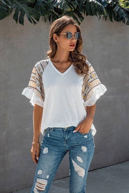 Splicing Print V Neck Ruffle Elegant Top