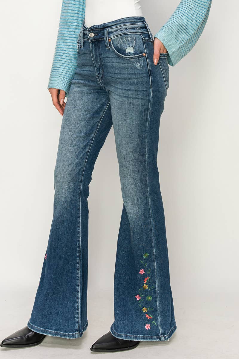HIGH RISE EMBROIDERY BOTTOM FLARE JEANS