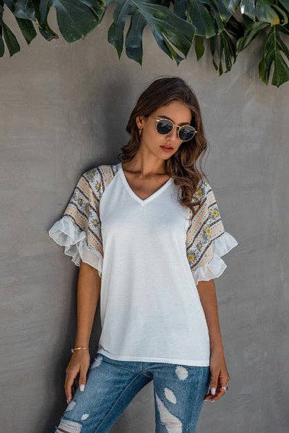 Splicing Print V Neck Ruffle Elegant Top