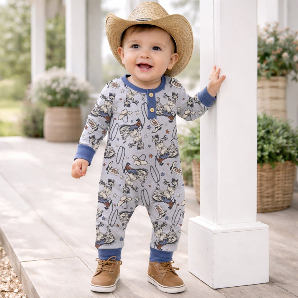 Western Cowboy Rodeo Henley Baby Romper - Bamboo