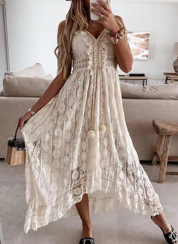 Boho Ecru Crochet Lace swing flare dress