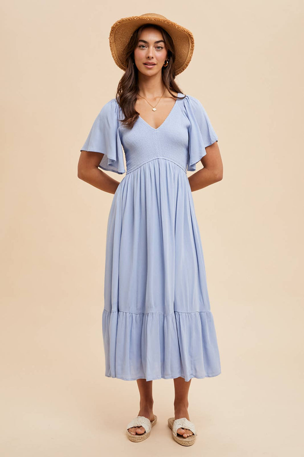 SMOCKED MIDI FLUTTER SLEEVE DRESS