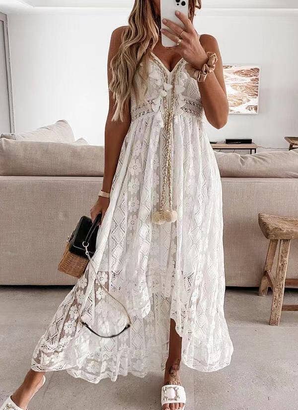 Boho Ecru Crochet Lace swing flare dress