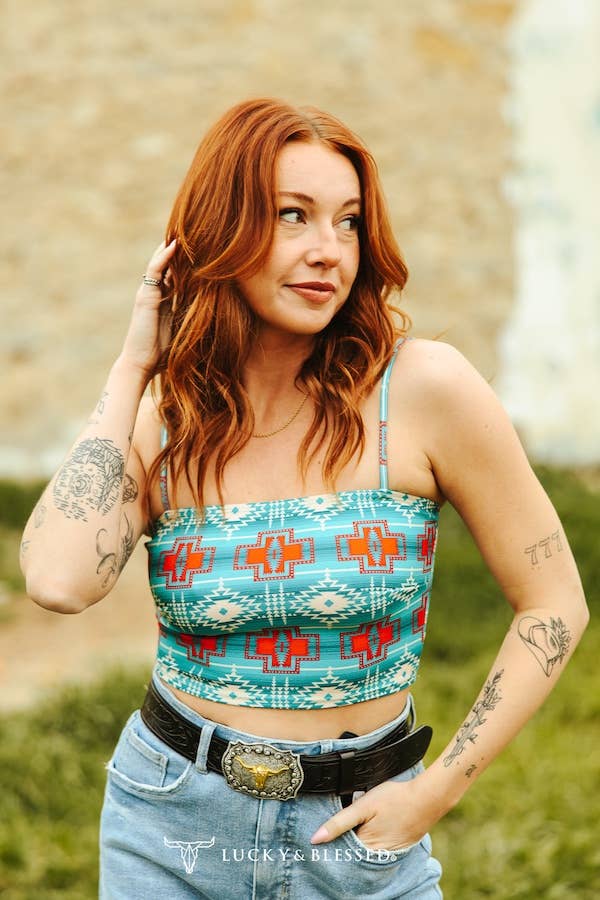 Jade Pink Aztec Printed Strap Crop Top