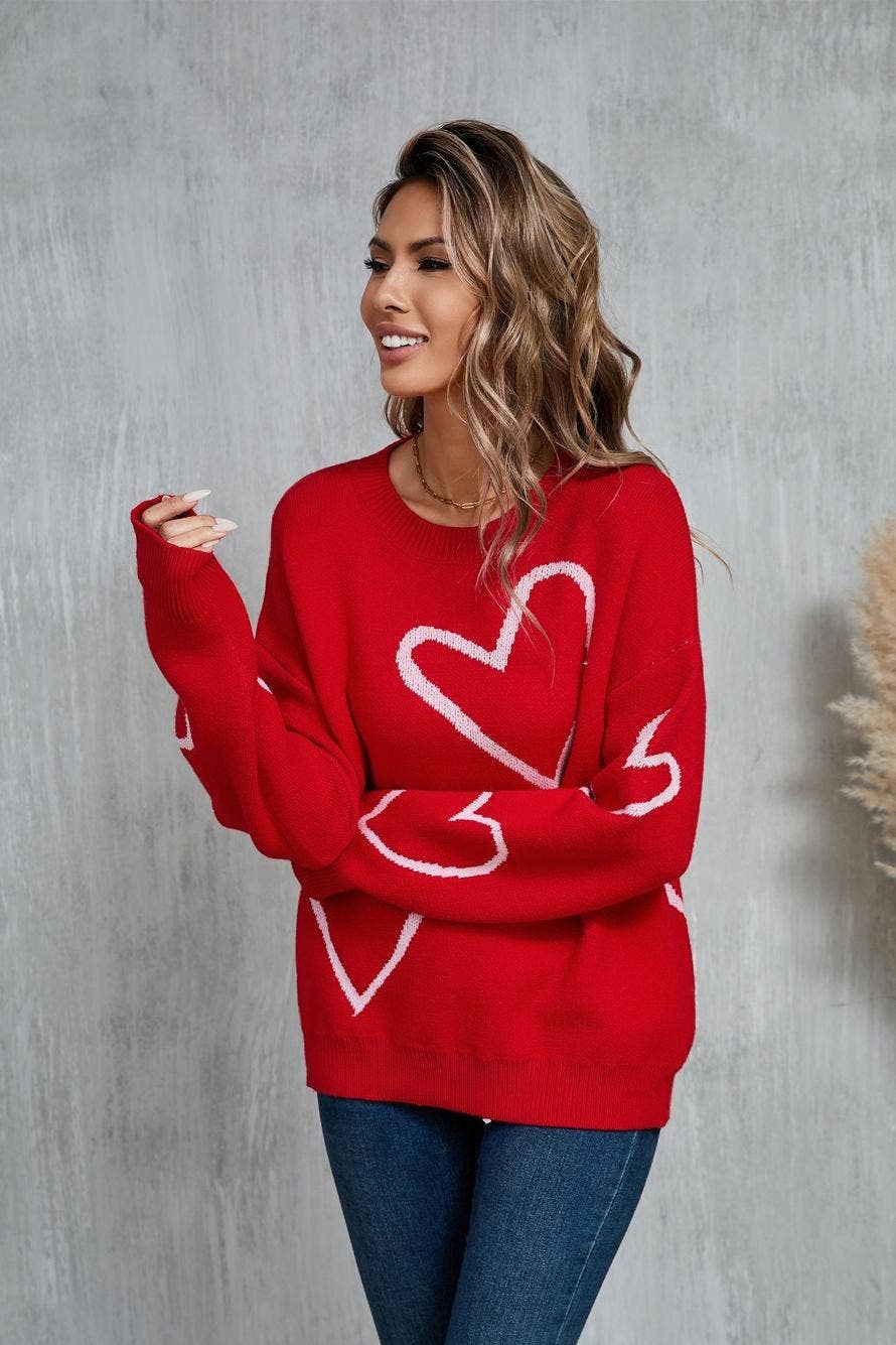 Heart Print Pullover Sweater - Valentine’s Day Knit Top