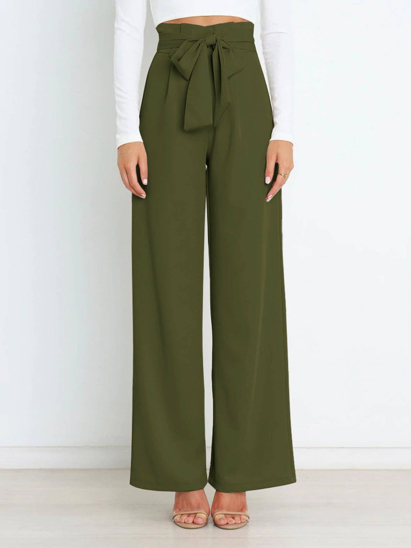 Women's Wide-Leg Trousers with Belt Casual Commuter Pants