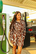 Brown Cow Button Down Long Sleeve Pearl Snap Dress