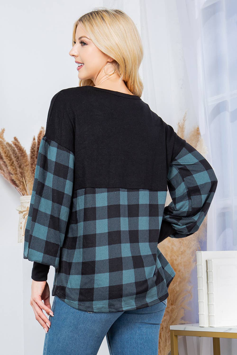 Plaid Contrast Bell Sleeve Sweater Knit-2 Colors
