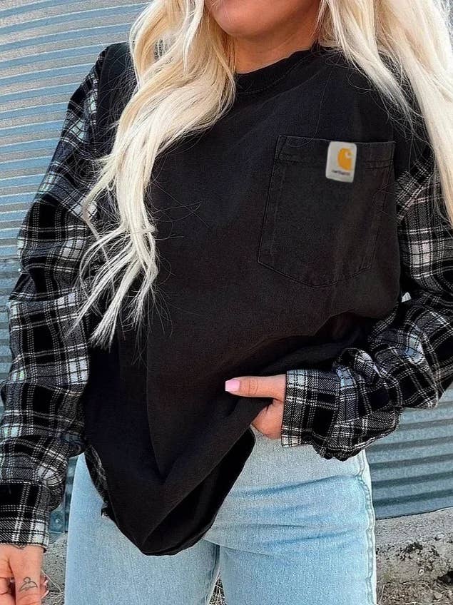 Black plaid sleeves patchwork oversized crewneck pullover