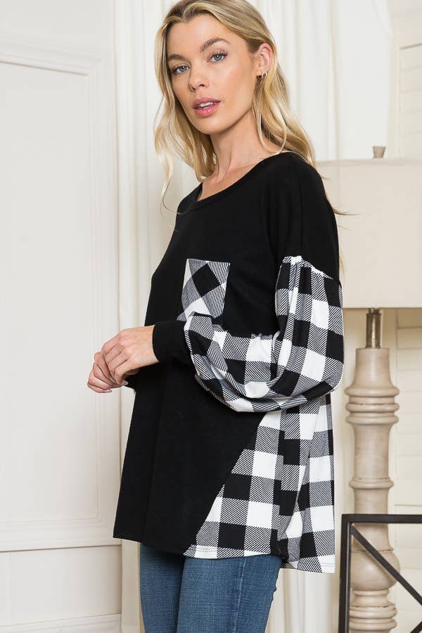 Plaid Contrast Bell Sleeve Sweater Knit-2 Colors