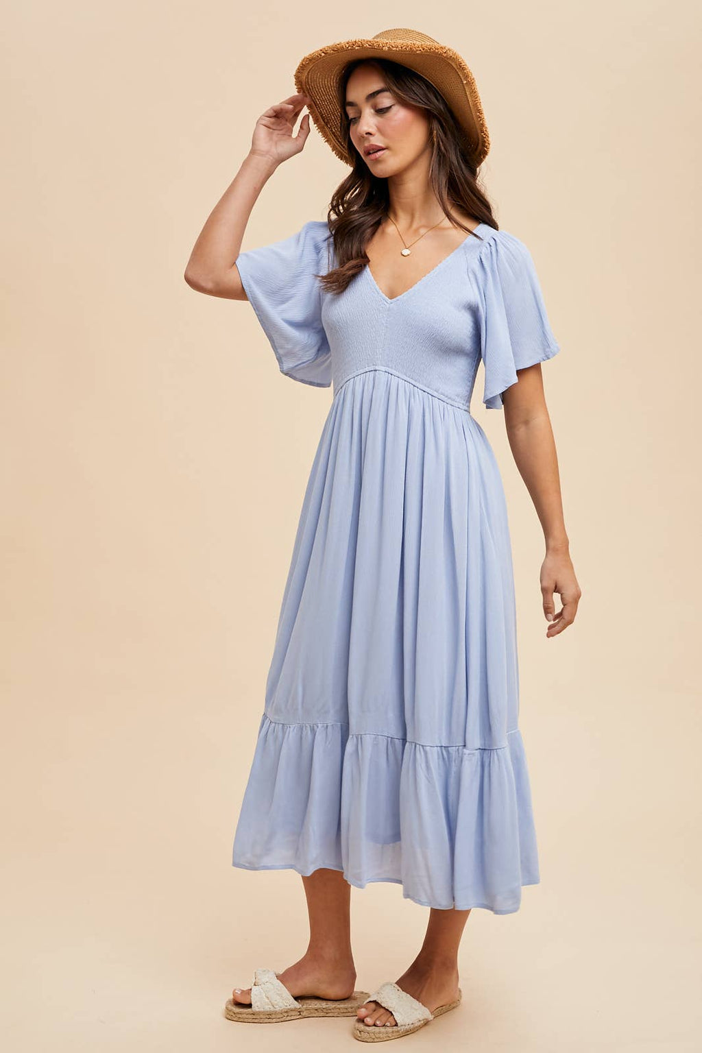 SMOCKED MIDI FLUTTER SLEEVE DRESS