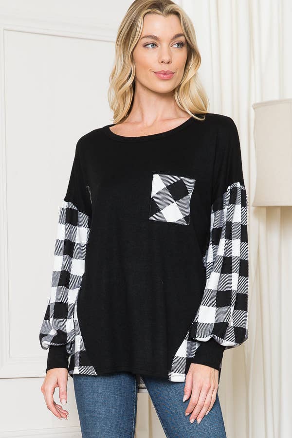 Plaid Contrast Bell Sleeve Sweater Knit-2 Colors