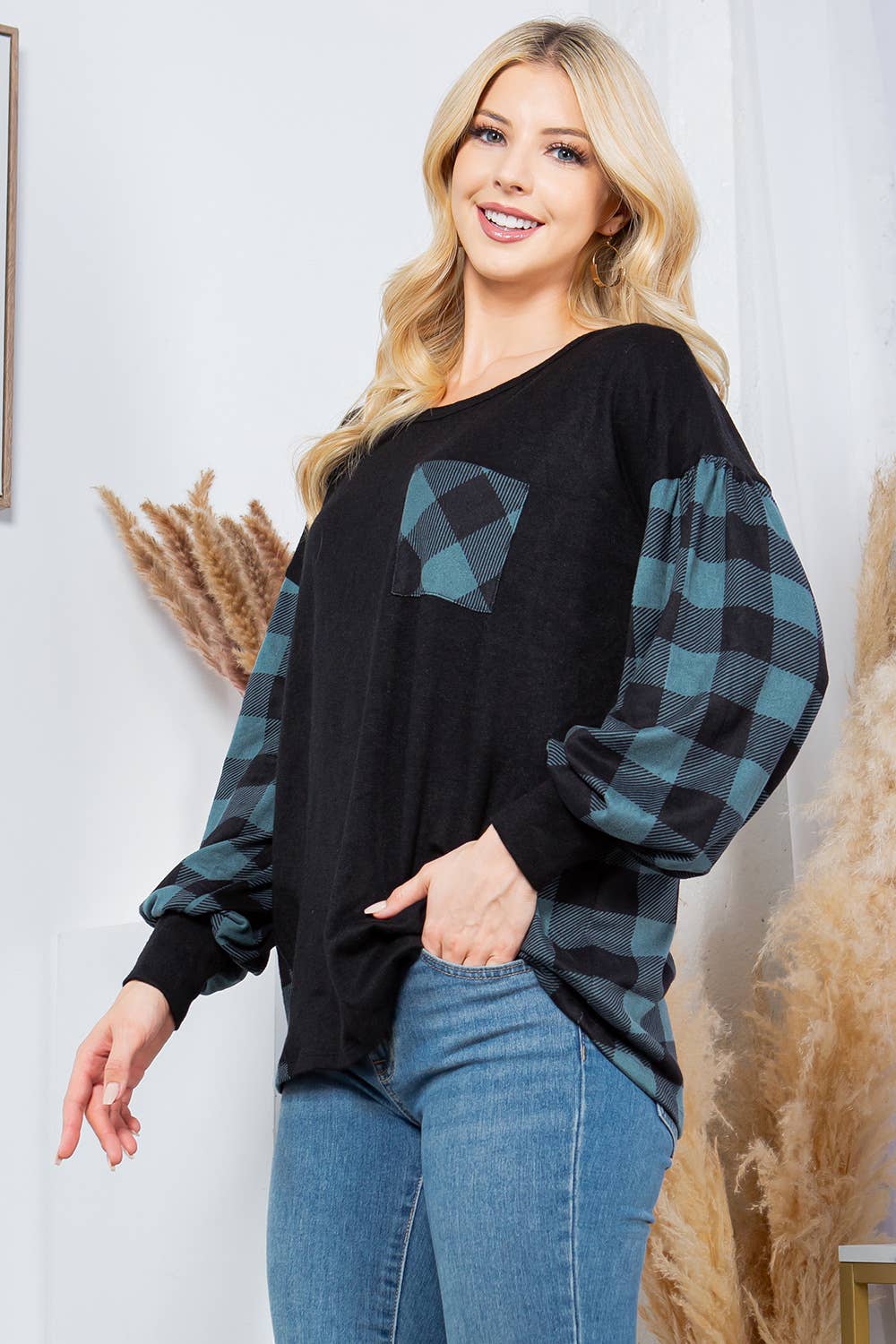 Plaid Contrast Bell Sleeve Sweater Knit-2 Colors