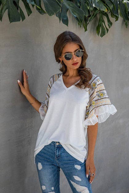 Splicing Print V Neck Ruffle Elegant Top