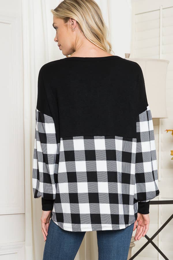 Plaid Contrast Bell Sleeve Sweater Knit-2 Colors