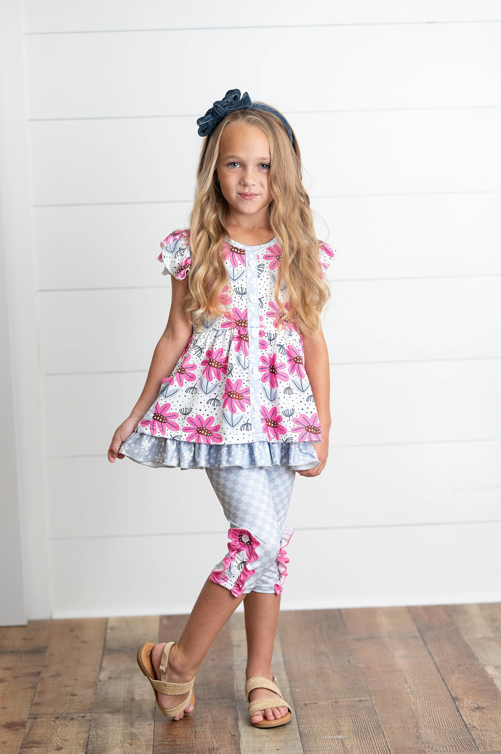 Girls Magenta Flower & Gray Check Pocket Capri Spring Set